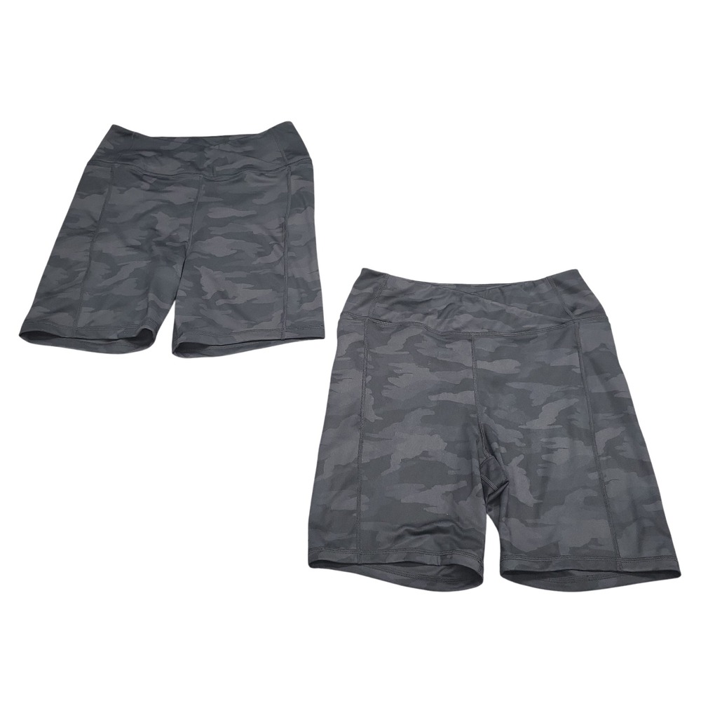 Danskin Womens 2 Pack Cross Waist Bike Shorts Black Gray Camo Print Size Large